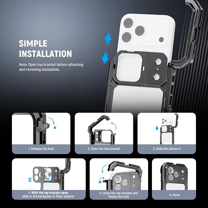 NEEWER Phone Cage Compatible with iPhone 17 Pro Max, Quick Release Video Rig Stabilizer Accessories with 67mm Filter Ring, 17mm Lens Backplate, T Mount Adapter, 4X Camera Control Cap, PA144 (Black)