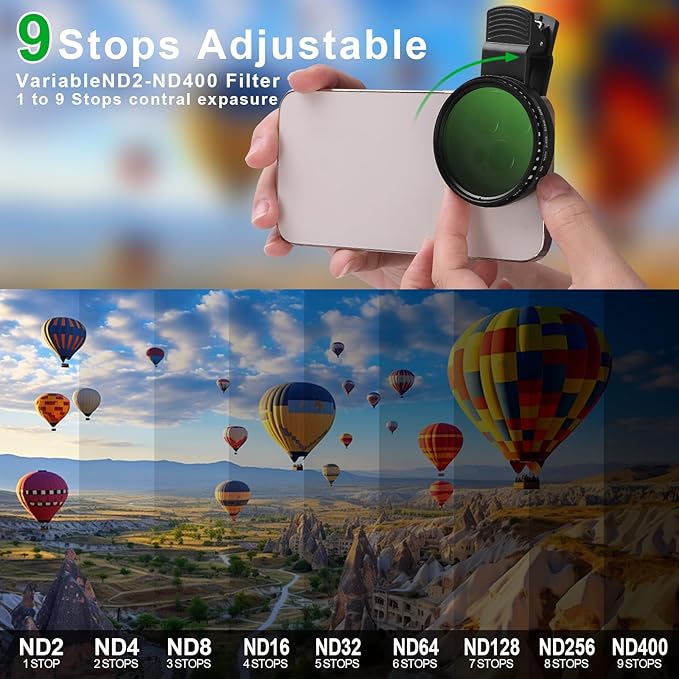 Phone 52MM Variable ND2-ND400 Filter, Multi-Coating Clip Adjustable Neutral Density Lens Kit, Compatible with iPhone 16/15/14/13 Pro Max, Samsung Galaxy, Google Pixel and Other Smart Phones