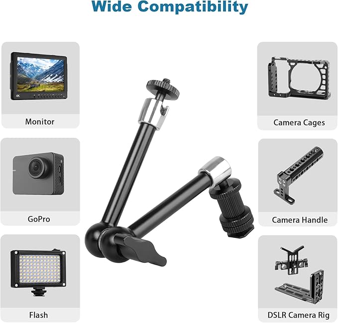 ChromLives 11 Inch Magic Arm Adjustable Articulating Friction Camera Arm W/ 1/4" Thread Screw and Hot Shoe Mount Compatible with DSLR Camera Rig, LED Lights, Flash Light, LCD Monitor