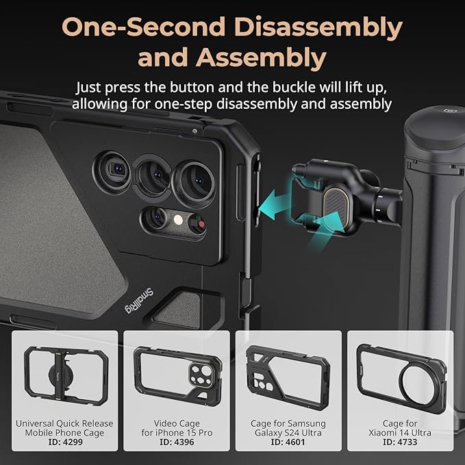 SMALLRIG Wireless Control Side Handle for SMALLRIG Quick Release Phone Cages, Aluminum Handle Grip with Infinite Rotation, Quick Release Adapter, Remote Control Module and Built-in Cold Shoe - 4402B