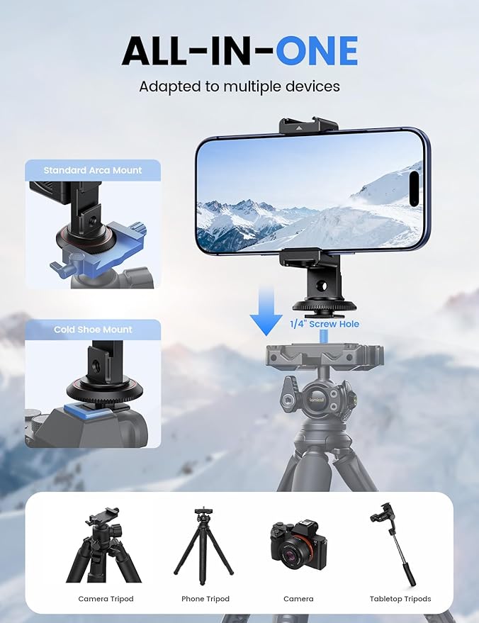 Lamicall Aluminum Phone Tripod Mount with 3 Cold Shoes & Arca Port & 1/4" Thread, [Wider Clamp] Camera Phone Holder Adapter Valentines Day Gift for iPhone 17 Smartphone Tripod Cell Phone Holder