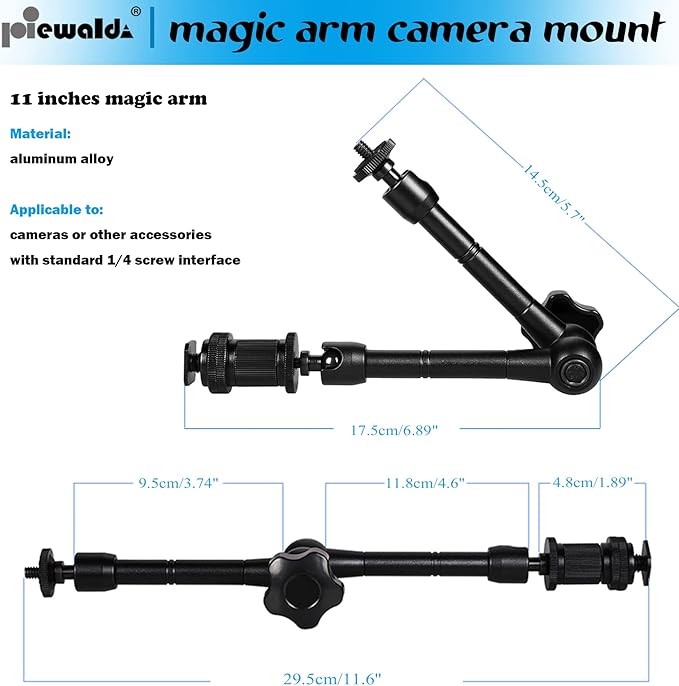 Magic arm Camera Mount ，articulating arm- 11 Inch Metal Adjustable Friction Articulated arm with Super Clamp/Phone Clip, for Various Action Camera/DSLR/LCD Monitor/LED Lights/Cell Phone