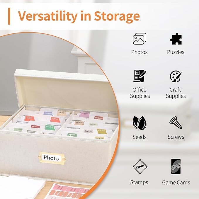 Aokeyee 2PC Photo Storage Box - Decorative Linen Memory Organizer for 4x6 Pictures, Keepsake Box with Dividers & Labels, Holds 1700+ Photos