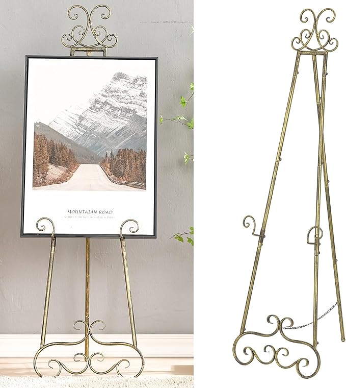 57”H Metal Easel Stand for Sign Rustic, Upgrade Large Free Standing Adjustable Display Scroll Easel Stand, Heavy Duty for Mirror Pictures Wedding Holder Showcasing with Chain Support
