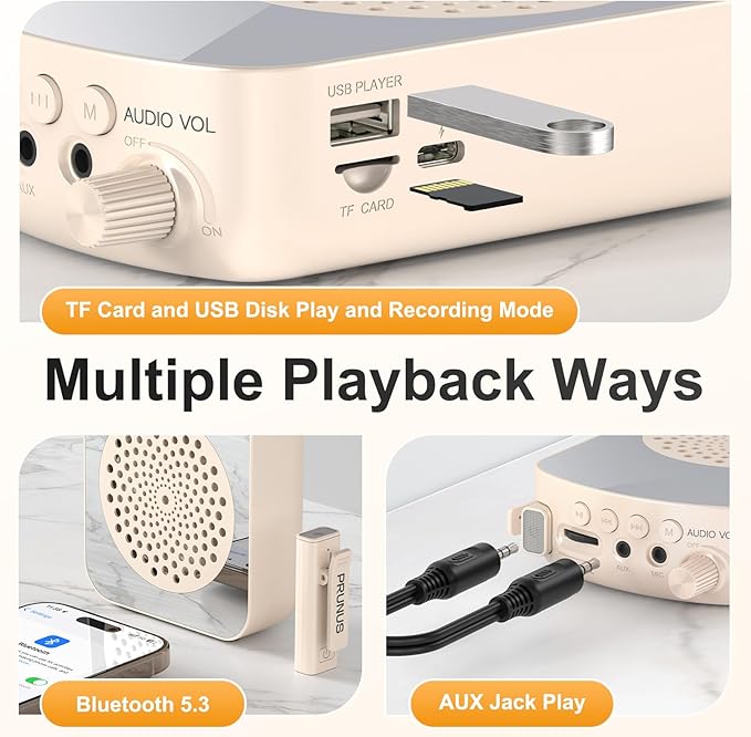 PRUNUS A10 Voice Amplifier Wireless with Lavalier Microphone Charging &Storage,Portable Voice Amplifier with Laple Mic Speaker,Mini Voice Amplifier for Classroom,Speech,Training Outdoor (Beige)