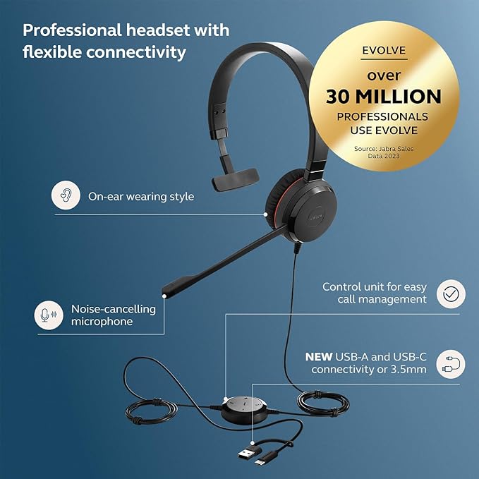 Jabra Evolve 30 II Wired Single-Ear Headset with Mic - 3.5mm Jack, USB-A/USB-C Connectivity, Computer Headset with Noise-Canceling Microphone, Works with Online Meeting Platforms - Black
