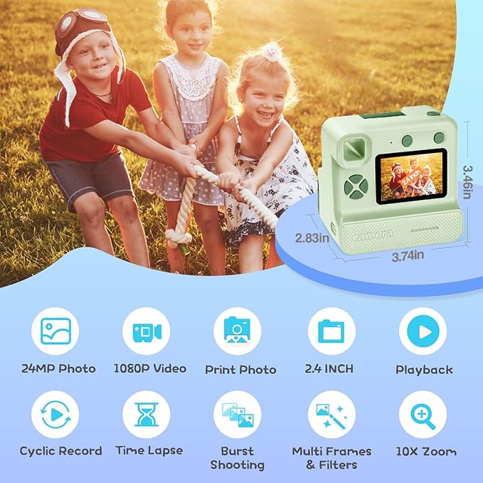 Kids Camera Instant Print, Christmas Birthday Gifts for Girl Boys 3-12 Years Old, FHD Selfie Digital Video Cameras Toddler 3 Rolls Print Paper & 32G Card (Retro, Green-White)