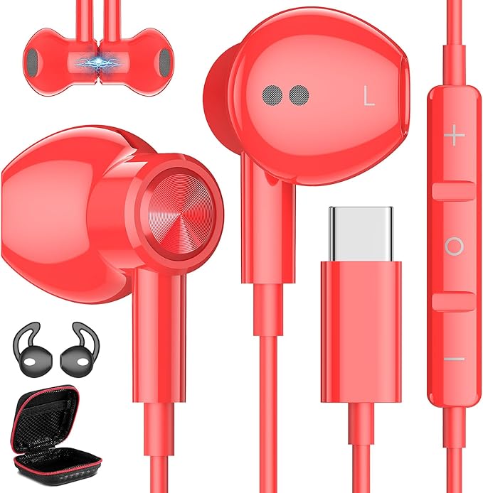 USB C Headphones for iPhone 17 Air 16 Pro Max 15, Type C Earphones with Microphone Magnet HiFi Stereo Wired Earbuds for Samsung Galaxy S26 S25 Ultra S24+ 23 A53 S21 S20 FE Flip 7 6 Fold/Pixel 10, Red