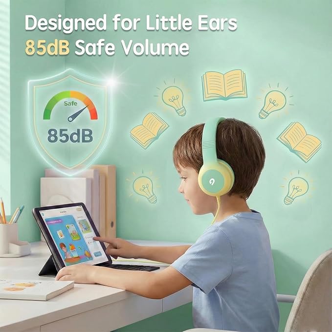 Wired Kids Headphones with USB C Plug, 85dB Safe Volume, Adjustable Headband, Tangle-Free Cord Headphones for School, Tablet, Travel (Mint Green & Cream Yellow, Without Microphone)