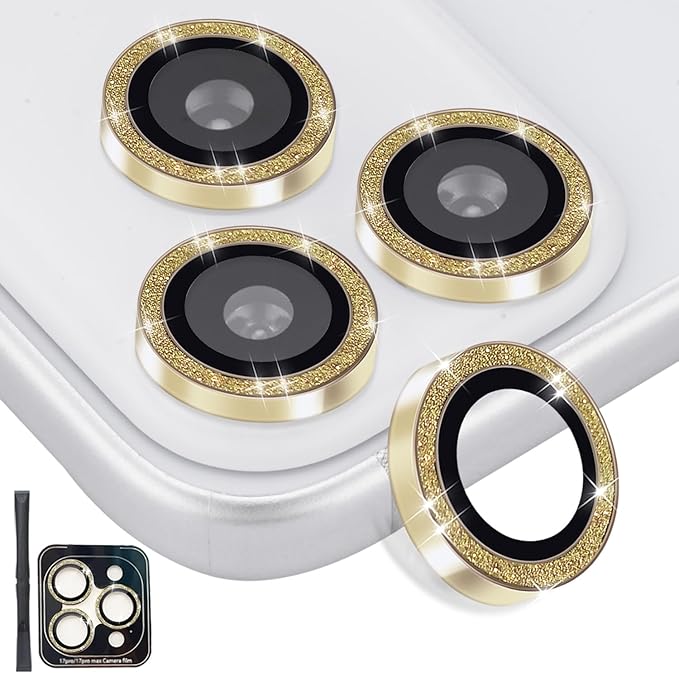Camera Lens Protector for iPhone 17 Pro/17 Pro Max, Aluminum Alloy Tempered Glass Lens Protector with Installation Frame Fits for iPhone 17 Pro/17 Pro Max (Glitter Gold)