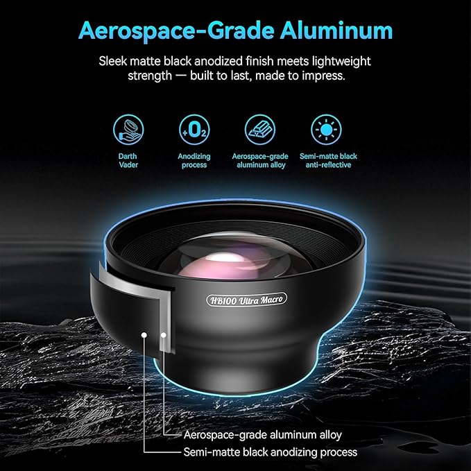 Upgraded Professional Macro Lens for Smartphone, HB100U Macro Photography Lens for iPhone, Aluminum Phone Camera Lens Kit with Universal Clip. Phone Lens Attachment Fit for iPhone, Android Phone.