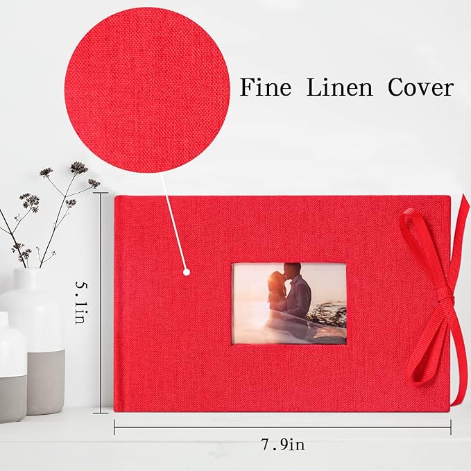Vienrose Photo Album 4x6 50 Pockets Linen Frame Cover with Memo Areas Photobook Mini Slip-in Picture Book for Wedding Baby Vacation, Red