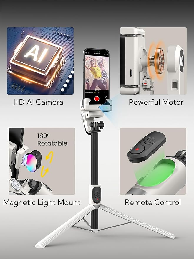 AOCHUAN Auto Face Tracking Tripod 360 Rotation w/Remote Control,Single-axis Phone Gimbal for iPhone Android w/RGB Light,Phone Tripod Follow You for Video Recording,TikTok Vlogging(M2Pro White)