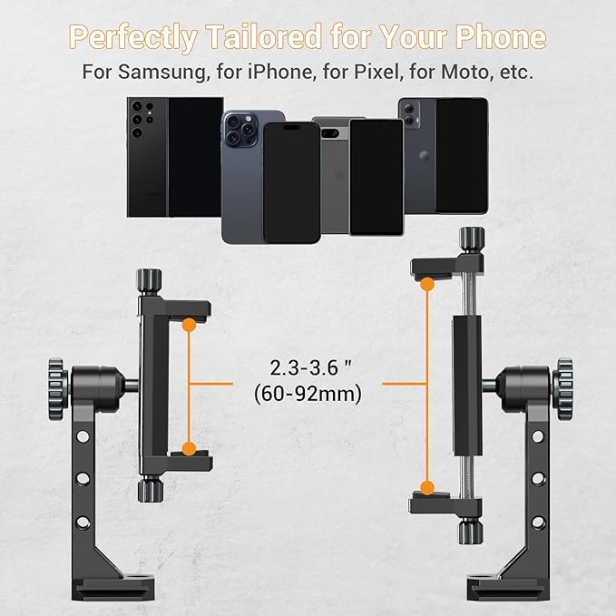 Metal Phone Mount for Tripod with 2 Cold Shoes & Arca Port,Phone Holder Stand with 4 * 1/4" Screw Mount,Support Vertical & Horizontal Rotate Suitable for iPhone 17 Pro/16Pro/15Pro/14/13