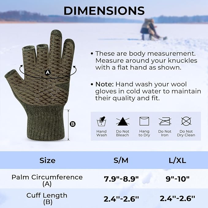 KastKing Bully Wooly 3-Cut Fingerless Wool Fishing Gloves, Cold Weather Warm Winter Gloves for Men & Women, Ice Fishing