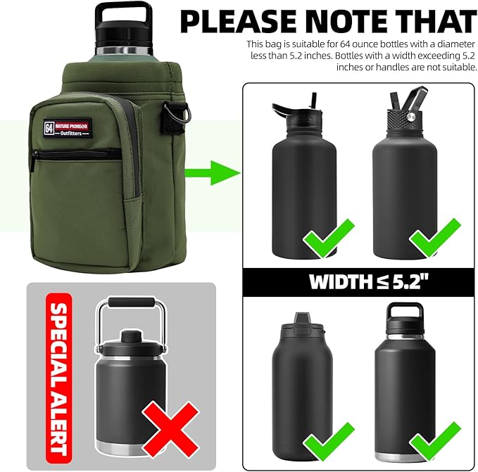 NATURE PIONEOR Water Bottle Holder with Adjustable Strap - Half/One Gallon (64/128oz) Insulated Water Bottle Sling Carrier with Phone Pocket & Paracord Handle, Outdoor Camping, Hiking, Gym