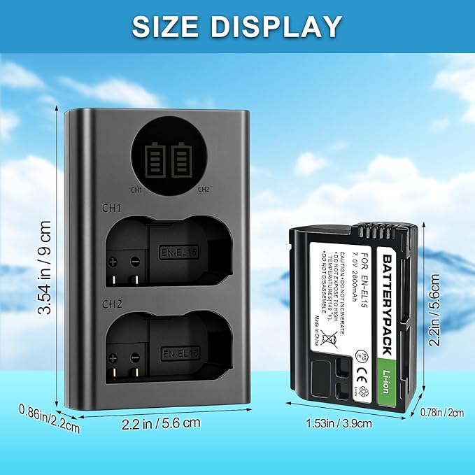 EN-EL15 Replacement Battery with LCD Dual Charger - 2800mAh Li-ion Battery for Nikon D850 D750 Z6II Z7II Z5 D500 D7500 D800 Z8 Zf D810 D800E D810A D600 D610 1 V1 DSLR & Mirrorless Cameras