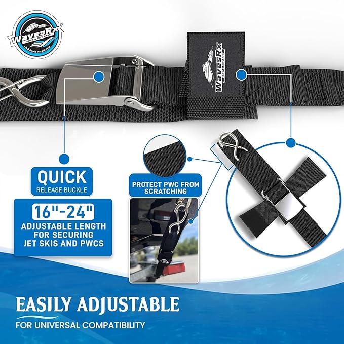 WavesRx Premium Boat & Jet Ski Trailer Transom Straps - Marine Tie Downs - Adjustable via Quick Release Buckle - Must Have Boating Accessories for Safe and Secure Transportation of Your Watercraft