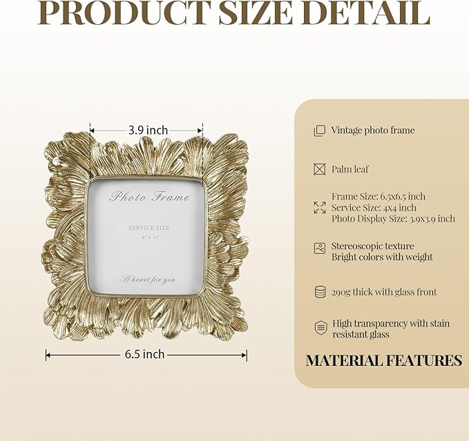 Cuspin 4x4 Picture Frame Gold Square Frames, Vintage Gold Resin Photo Frame Palm Leaves Textured with Glass Front for Wall Hanging and Tabletop Display Home Decor