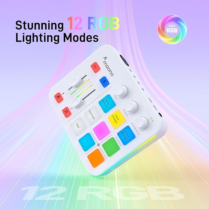 MAONO Gaming Audio Mixer, Audio Interface with Pro-preamp, RGB, Bluetooth, 48V Phantom Power for Live Streaming, Podcasting, Content Create, Gaming MaonoCaster G1 NEO (White)