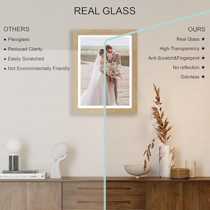 11x15 Picture Frame Set of 4, Made of Real Glass and Natural Oak Frame - Display Picture 10x14 with Mat or 11x15 Without Mat, 11 by 15 Photo for Wall Mounting