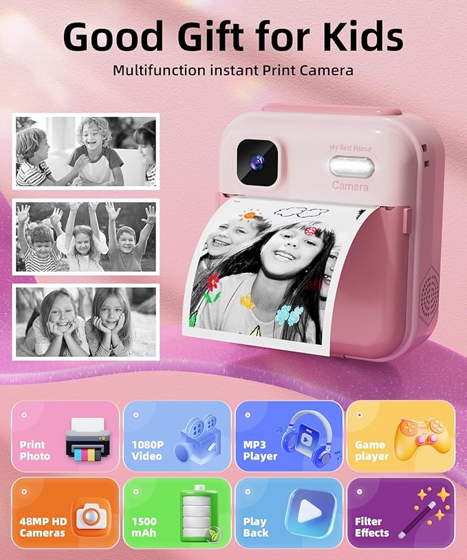 Kids Camera Instant Print for Boys and Girls, 48MP HD Cameras w/1080P Video, Print Paper, 32GB Card, Brush, Christmas Birthday Gifts Toys for Toddler and Teenagers Age 3-16 Years Old (Pink)