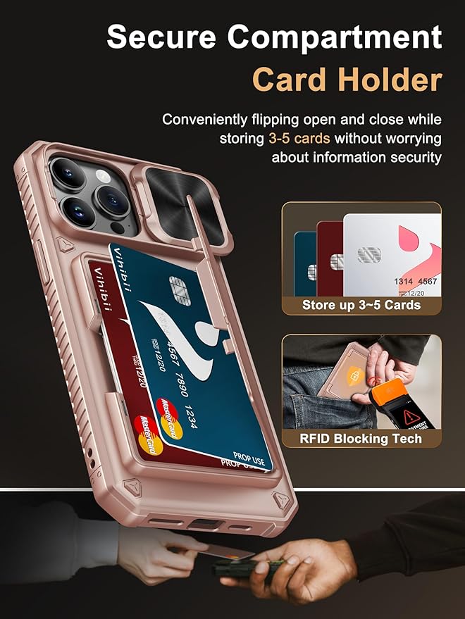 Vihibii for iPhone 14 Pro Max Case with Card Holder (4 Cards), [RFID Blocking] & Slide Lens Camera Cover, Military Grade Drop Protection, Rugged Heavy Duty Wallet Phone Case, 6.7" 2022, Rose Gold