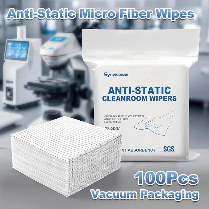 Synvicovan Anti-Static Microfiber Wipes 6"x6"(100 Pcs,Class 100, 200GSM) Lint Free Cloths Reusable Special ESD protection design is suitable for protecting sensitive electronic components and tools