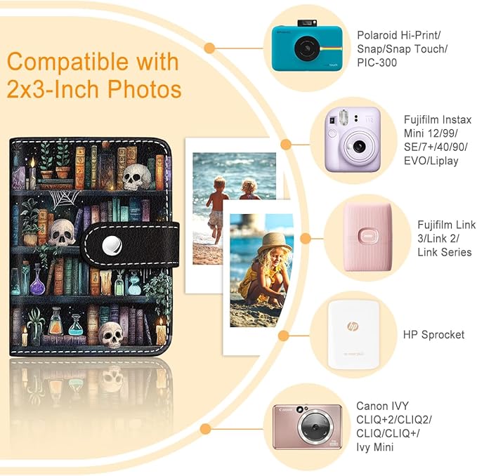 Lebrocoli Goth Skul Bookshelf Small Photos Album for 2x3 Inch Films, 56 Pockets Mini Cute Albums Book for Polaroid Fujifilm Instax Mini Instant Camera Printer, Kpop Photocard Pictures Binders Storage