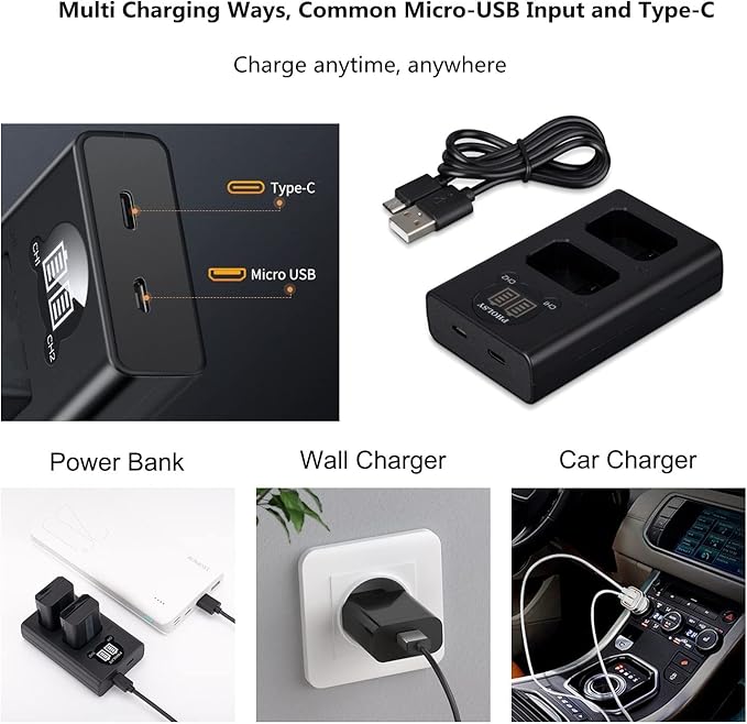 NP-FW50 Battery Charger with Smart LED Display Dual Charger/Rapid USB Camera Battery Charger Compatible with Sony BC-TRW Charger for NP-FW50 Battery Compatible with Sony Cameras