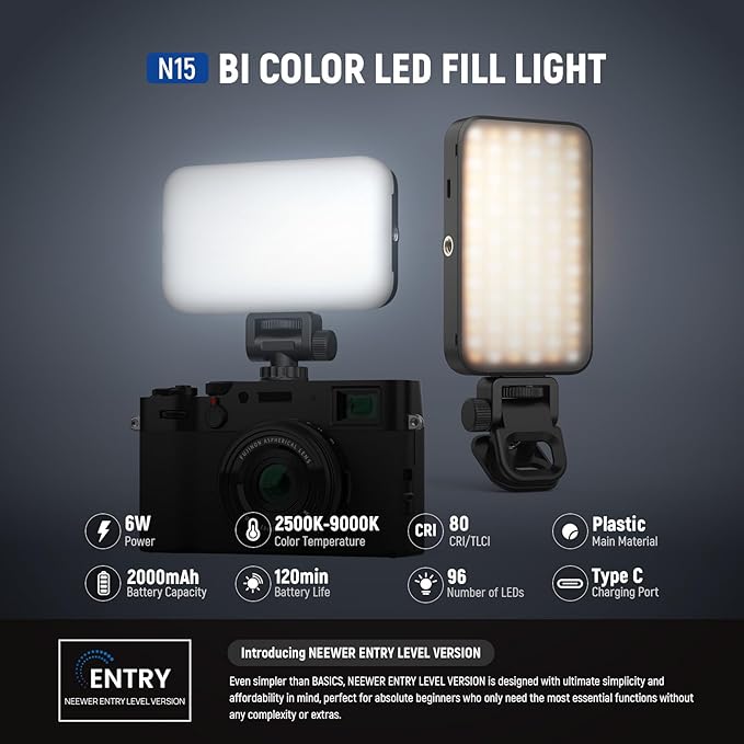 NEEWER Entry Level Version Phone Selfie Light for iPhone, 2500-9000K CRI80 2000mAh Rechargeable Plastic Clip on Makeup Streaming Recording Laptop Computer Video Conference Fill Lighting, N15