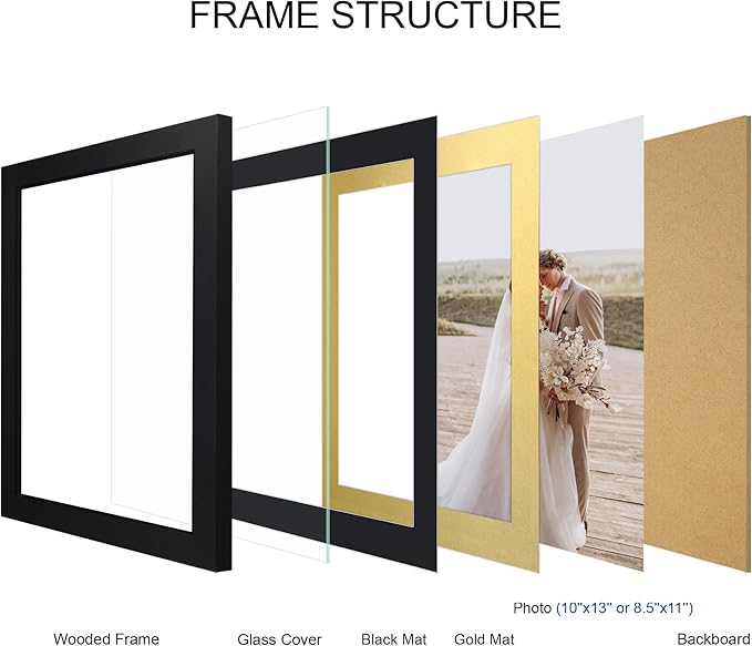 10x13 Picture Frame Set of 4, Made of Real Glass and Black Frame, 10 by 13 Photo for Wall or Tabletop - Display Picture 8.5x11 with Mat or 10x13 Without Mat