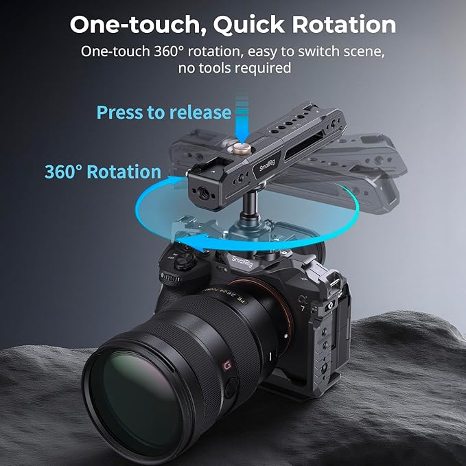 SmallRig Rotating Top Handle with NATO Clamp, Lightweight NATO Top Handle for Camera Cage, Maximum Capacity 15KG, One-Key Rotation 360°, with Cold Shoe Mount & 1/4''-20 Threaded Holes - 4152