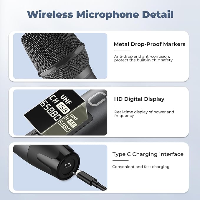 Wireless Microphones, Professional UHF Dual Microphones for Karaoke, Wireless Dynamic Microphone System Set with Rechargeable Receiver,Plug and Play, Speech, Wedding, Church, PA System