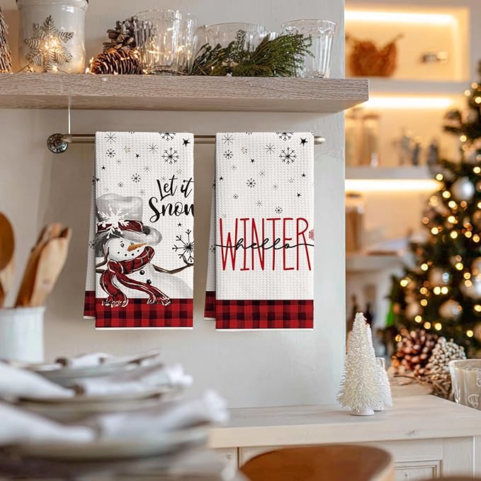 Artoid Mode Red Xmas Tree Snowman Merry Christmas Bar Kitchen Towels, 12x24 Inch Quick Dry Microfiber Cloth Dish Towels for Kitchen Drying Set of 4