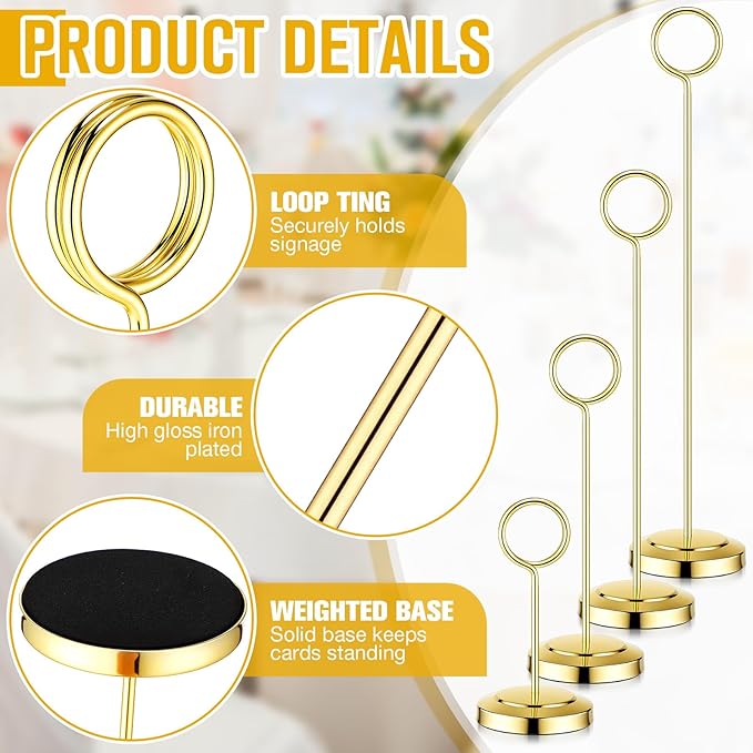 Otoolling 20 Pcs Table Number Holders 4/6/8/10 Inch Place Card Holder Stands Wire Photo Clips Metal Table Card Stands for Centerpieces, Photos, Food Signs, Birthdays, Weddings(Gold)