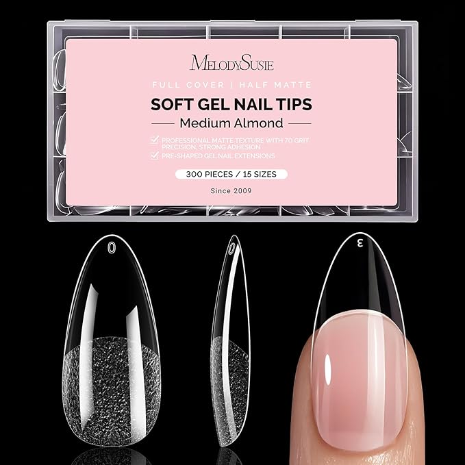 MelodySusie Medium Almond X Nail Tips - 300Pcs 15 Sizes Clear Acrylic, Half Matte Full Cover Press on Nails for DIY Extension&Salon Use, Pre-Shaped for Long-Lasting Manicure