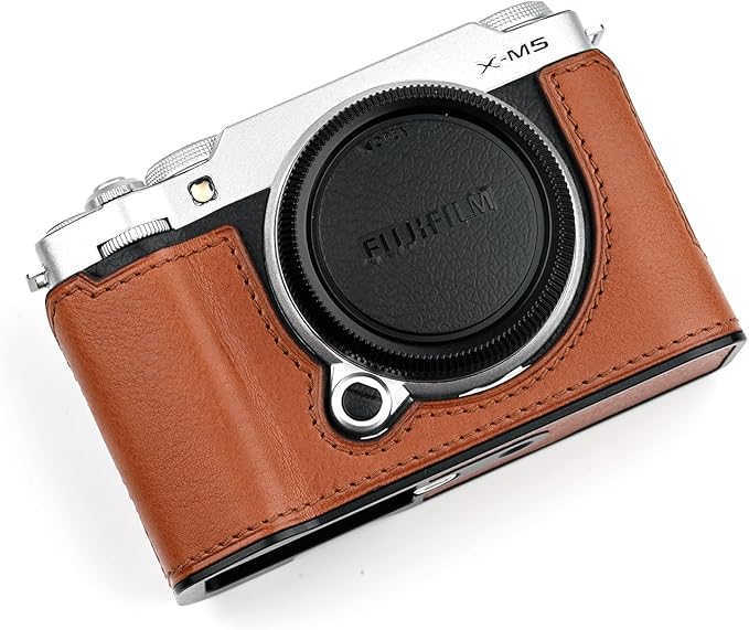 Uchandmade Handmade Genuine Leather Camera Half Case for Fujifilm X-M5/Fujifilm X-M5 Camera Case/Fujifilm X-M5 Case - Top Layer Cowhide Body + Metal Base Plate (Brown-m-box)