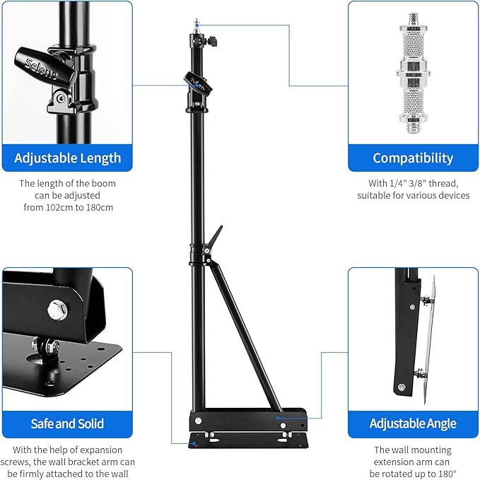 Selens Wall Mount Boom Arm with Triangle Base, Max Length 51inches/130cm Adjustable Camera Mount Up to 4.26ft for Photography Studio Video Strobe Flash, Ring Light, Softbox, Umbrella Reflector etc.