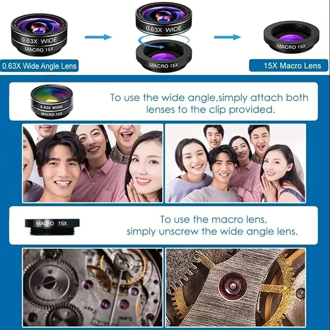 Phone Camera Lens Kit 7 in 1, Fish Eye + Wide Angle + Macro Camera Lenses, Cell Phone Len Attachments Accessory for iPhone, for Samsung, for Android Smartphone
