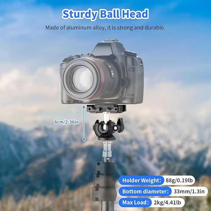XXZU Phone Tripod Mount With Ball Head,Tripod Head 360°Rotating Camera Ball Mount, Phone Holder Adapter With Cold Shoe, 1/4"Screw Tripod Mount Attachment for DSLR Camera,Phone,Monopod, Max Load 4.4lbs