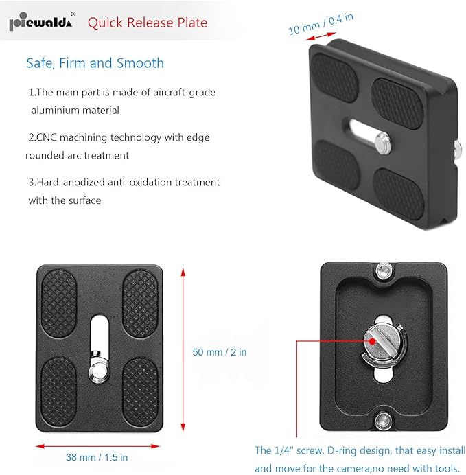 Universal Tripod Quick Release Plate, Quick Release Plate, Arca Swiss Plate with 1/4 Inch Slotted Screw, C-Ring/D-Ring Screw, 1/4"-3/8" Screw, for DSLR Camera Tripod Ball Head(PU-50)