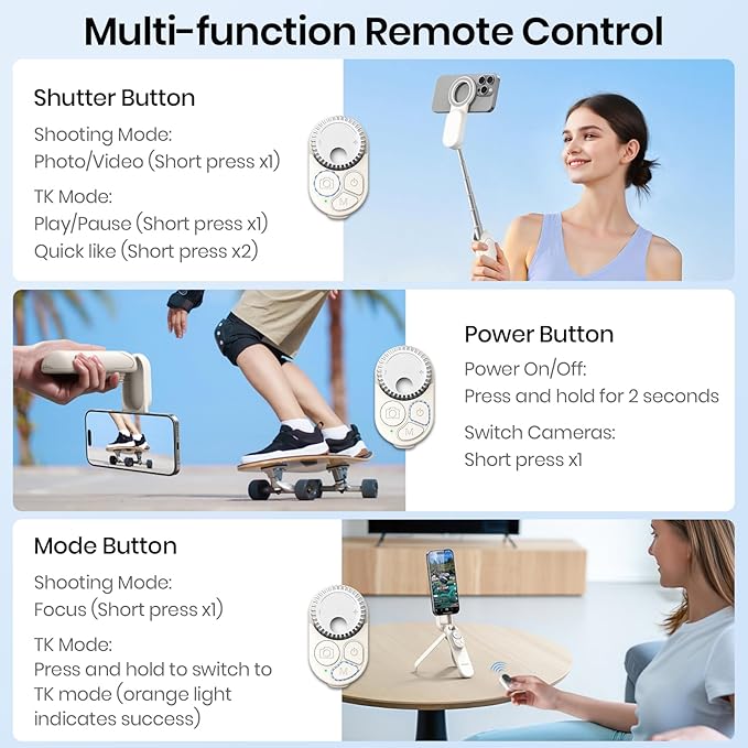 Multifunctional Magnetic Selfie Stick Tripod, 360° Rotation Portable Extendable Phone Stand for Video Recording & Vlog, Pocket Size for iPhone Android Smartphones (White)