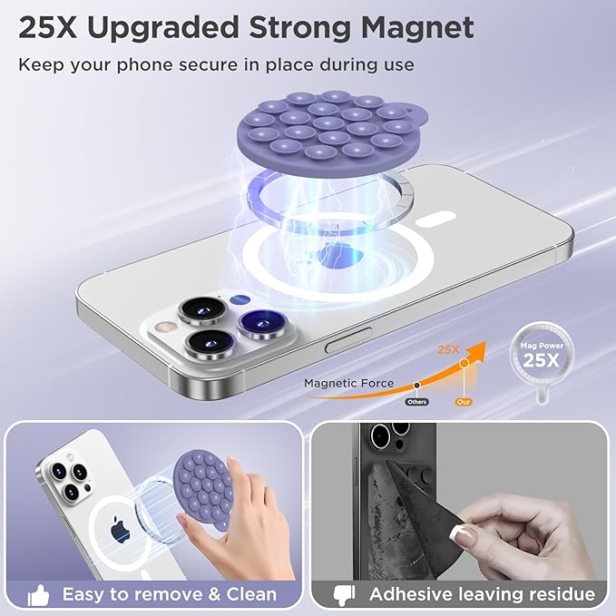 Magnetic Suction Cup Phone Mount, Compatible with MagSafe, Silicone Octo Cup Buddy Sticky Grip Holder for iPhone and Android, Removable Hands-Free Phone Stand Selfie/Video for TikTok, Lavender