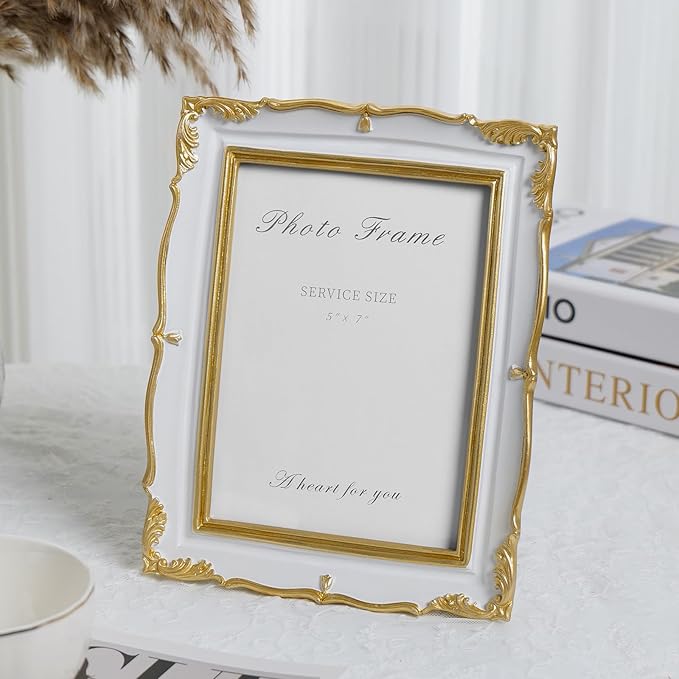 Cuspin 5x7 Picture Frame, White and Gold Vintage Ornate Resin Photo Frame with Glass Front, 5 by 7 Picture Frame for Wall Hanging or Tabletop Display