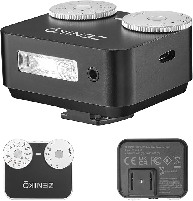 ZA12 Camera Flash Light, Dual-Dial 6500K±200K Camera Flash for Fujifilm X-T30 X-T5 Sony ZV-E10 Nikon Panasonic Olympus Ricoh GR3/4 SLR Cameras Hot-shoe Lithium Battery Type-C Charge(ZA12-Black)