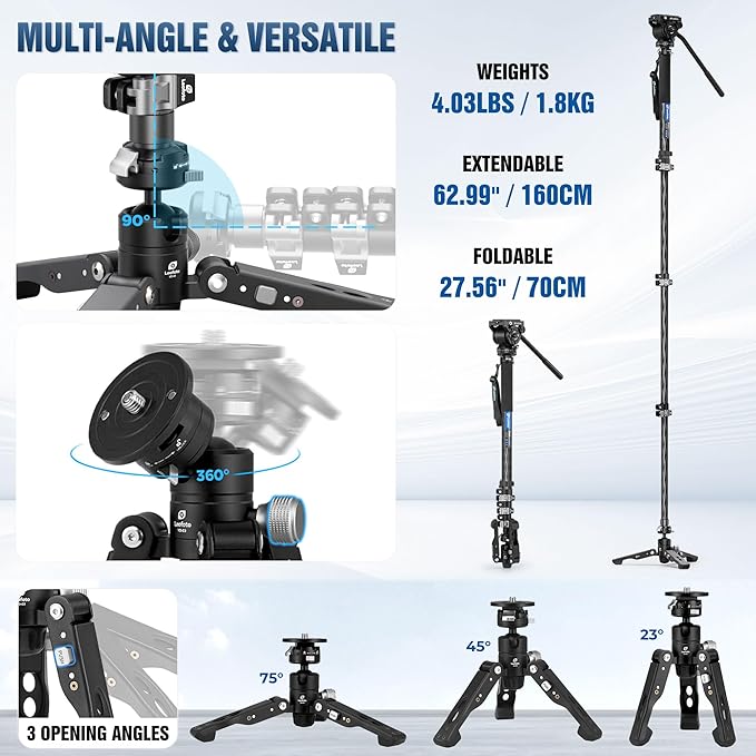 LEOFOTO Carbon Fiber Monopod with Removable Feet and Fluid Head, 63" Professional Telescopic Video Monopod for DSLR Video Camera, Folded Height 27"