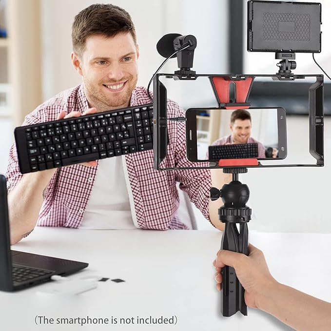 Andoer Smartphone Video Rig Vlog Kit Including Smartphone Cage with Phone Clamp 3 Cold Shoe Mounts USB LED Video Light 3200K-5600K Microphone Desktop Tripod Remote Shutter for Vlog Video Recording
