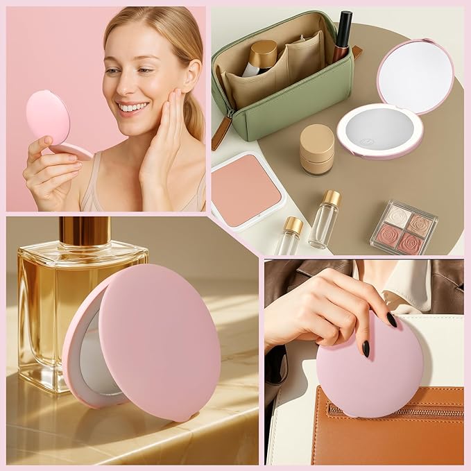 Compact Mirror with Light, Dimmable Pocket Mirror, Rechargeable Mini Mirror for Purse, Pocket, Travel and Present, Folding, Handheld, 2-Sided, Round