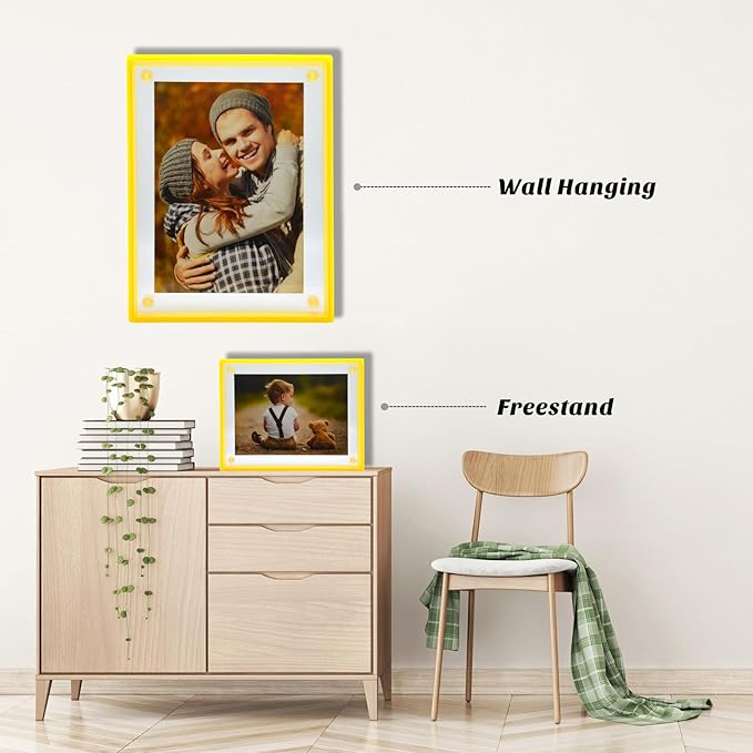 Gelite Acrylic 8X10 Picture Frame to Display 8x10 6x8 5x7 Pictures Mat-free Neon Floating Photo Frame for Wall and Tabletop, Neon Yellow